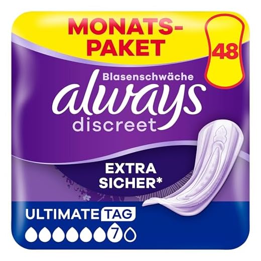Amazon Basic Care – Inkontinenzeinlagen Extra Plus, 6 Packungen mit 8 Stück (insgesamt 48 Stück) 3 Always Discreet Inkontinenzeinlagen Maxi Night, 48 Binden (4 x 12 Stück) Monatspaket, diskreter Schutz & hohe Saugstärke, geruchsneutralisierend