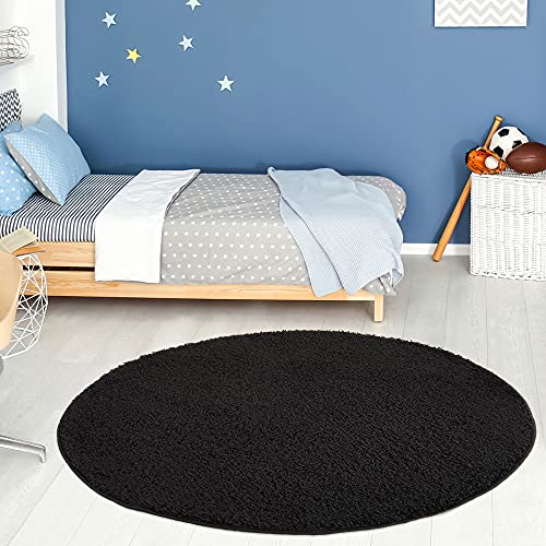 THE RUGS Living Room Rug - Shaggy Soft And Elegant Carpets For The Bedrooms And Kitchen, Easy To Clean, Many Different Sizes (120 cm Round, Black)