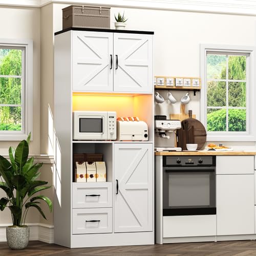 Image of Kitchen Pantry Storage Cabinet with LED Lights and Power Strip, Tall Farmhouse Kitchen Pantry with Barn Doors and Drawers, Adjustable Shelves for Dining Living Room (White)