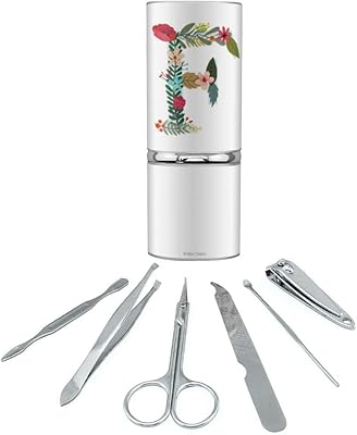 Letter F Floral Monogram Initial Stainless Steel Manicure Pedicure Grooming Beauty Care Travel Kit