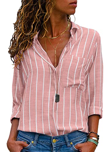 Livonmone Bluse Damen Langarm Casual Streifen Oberteile Hemd Lose V-Ausschnitt Langarmshirt Chiffon Blusen Tops Elegant (Rosa, M)