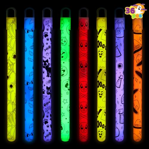 Image of JOYIN 30 Pcs Halloween Glow Sticks Bulk Party Pack, Hanging Wands in 8 Design, 6 Color Light Up Stick for Kid Glow in The Dark Halloween Party Favor Supplies, Goodie Bag Filler, Trick or Treating Gift