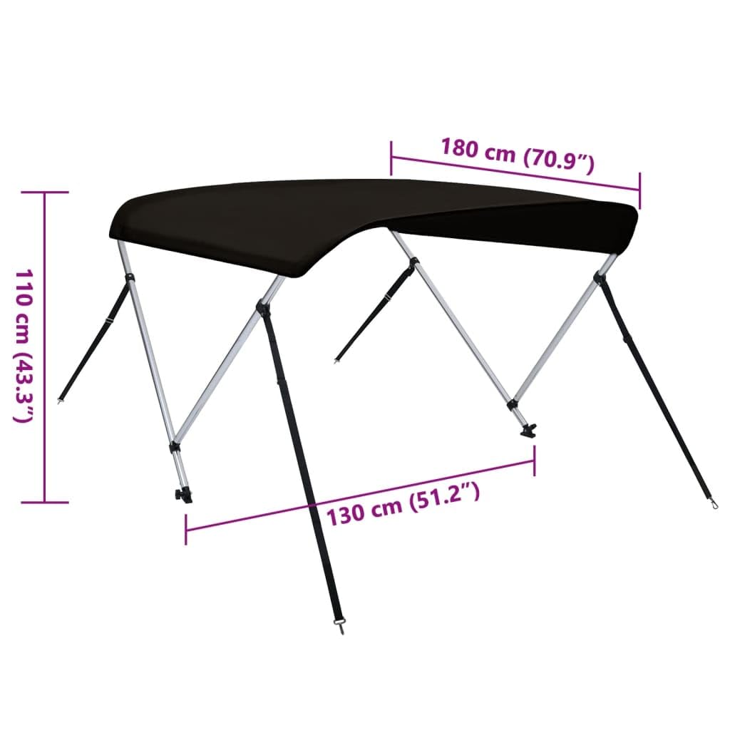 Bimini Top a 2 archi, nero, 180 x 130 x 110 cm, resistente alle intemperie, protezione UV, durevole, per yacht, barca, barca a motore, barca a vela e gommoni, con custodia protettiva, in