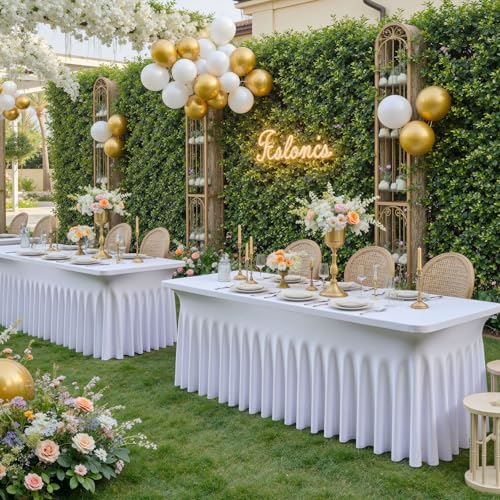 Image of 5Pack Spandex White Tablecloth for 6 Foot Rectangle Tables, Wrinkle Free Stretch Table Cloths 6ft Fitted Table Cover Desk Skirt for Parties Weddings Birthday Banquet Baby Shower
