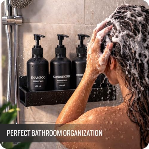 Image of Refillable Shampoo and Conditioner Dispenser Shower Soap Dispenser Wall Mounted Black Metal Organiser Plastic Bottles Black Pump Shampoo Dispenser, Shower Dispenser Chamber 400ML Bottel (Metal Stand)