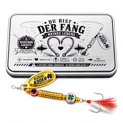 Gluecksfish Anglergeschenk mit Gravur in Metallbox Glücks-Spinner Du bist der Fang meines Lebens personalisiertes Angel Geschenk für Angler Fischer & Männer