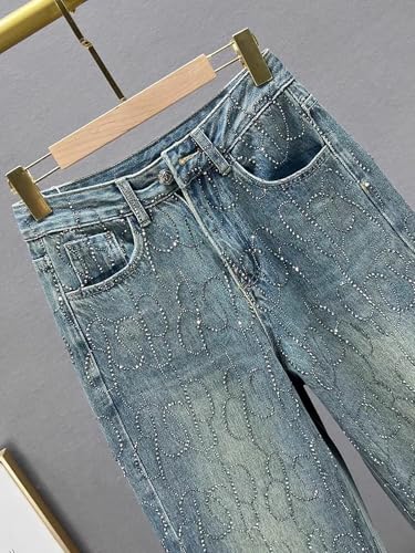 Women's Diamond Jeans Shiny High Waisted Straight Leg Denim Pants Loose with Pocket Jeans2