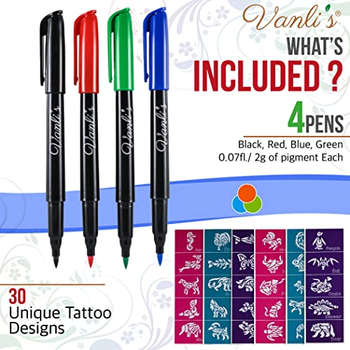 Vanli's Temporary Tattoo Markers - Stocking Stuffers For Teens, Kids, Adults, Trendy Tattoo Kit, Skin Safe & Colored Ink Tattoo Pens For Body & Face Art With 30 Tattoo Stencil Papers, 4 Pens-Bold #TOP1