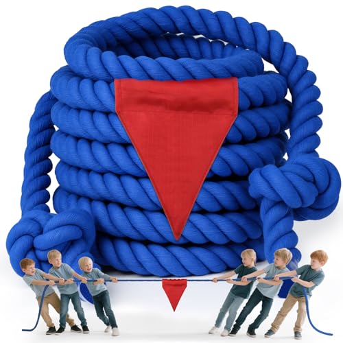 Tug of a War Rope for Kids and Adult, 25FT Tag o War Ropes with Flag for Outdoor, Outside Carnival, Lawn, Field, Team Building Game, Safety Cord for School and Church, Blue