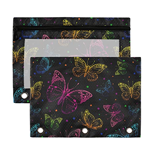 Estuche para lápices de 3 anillos, color rosa neón, azul, morado, mariposa, paquete de 2 estuches de plástico transparente impermeable con cremallera, bolsa de cosméticos, organizador de documentos de