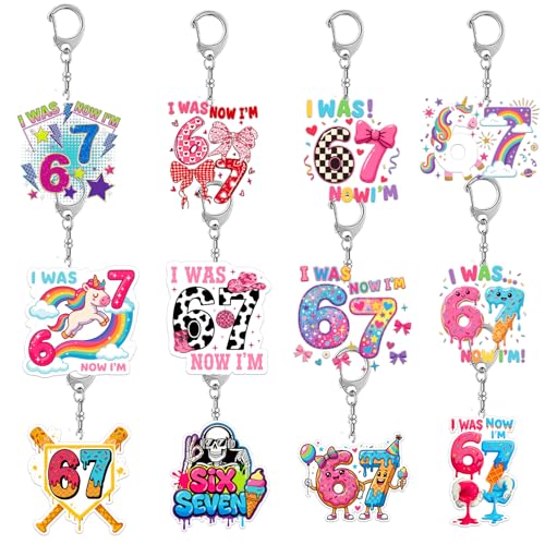 TheClover 67 Meme Keychain 12 Pack Set I Was 6 Now Im 7 Acrylic Keychains Perfect as 67 Party Favors & 6 7 Party Favors Bulk 67 Keychain Set for Birthday Goody Bags