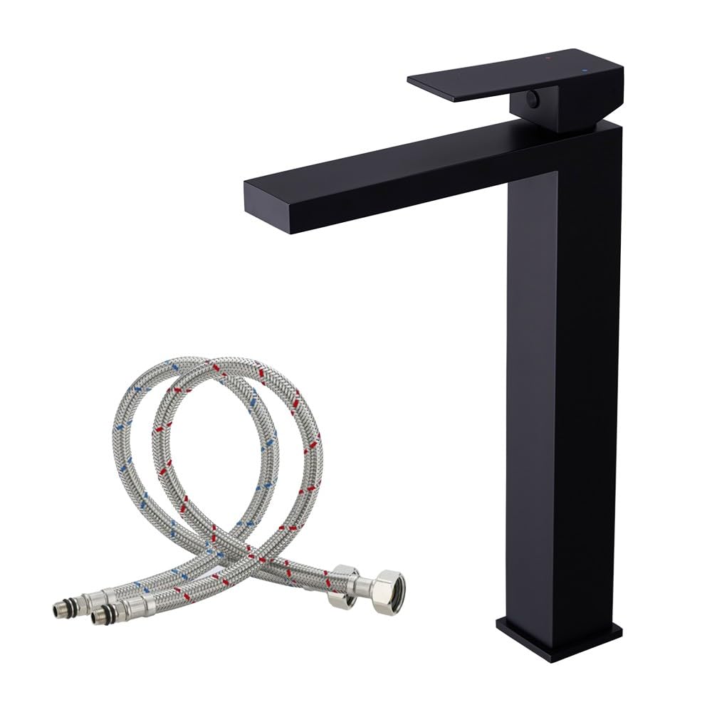 Haiba Matte Black Sink Faucet Bathroom Tall Faucet Modern Single Handle 304 Stainless Steel 1 Hole Basin Mixer Tap with G1/2'' Hoses