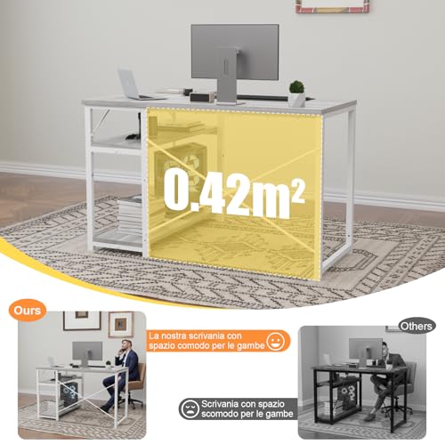 Scrivania ad Angolo Reversibile 110 x 80cm, Scrivania a Forma di L con Ripiani,Tavolo da Lavoro,Struttura in Acciaio, per Computer, Ufficio, Studio and Soggiorno, Grigio - Scrivania Gaming - Immagine 2