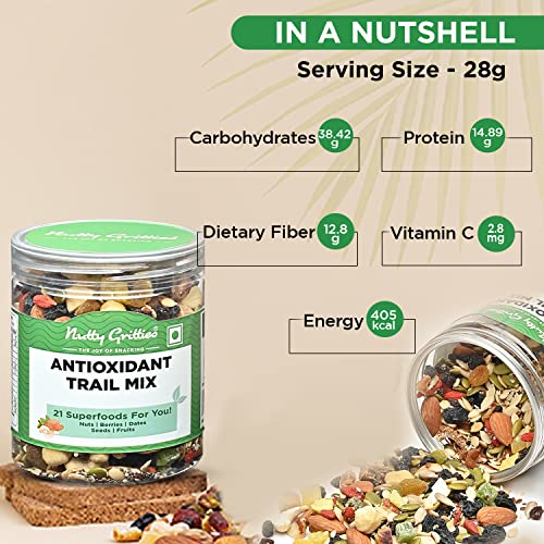 Image of Nutty Gritties Antioxidant Trail Mix 325g | 21 Superfoods in 1 Mix | Including Almonds, Hazelnuts, Brazil Nuts, Berries, Dry Dates, Chia Seeds, Pumpkin Seeds and Many More Mixed Dry Fruits | Resealable Jar ( Pack of 1 )