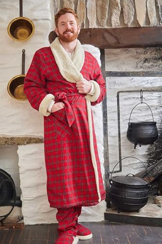 Men's Nightrobe Fleece Lined 100% Cotton Flannel - Red Tartan Royal Stewart4