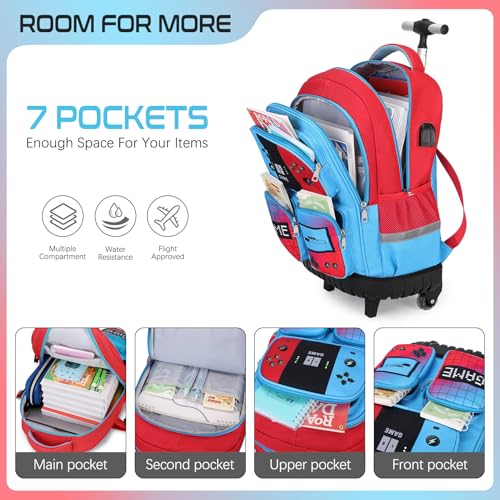 Rolling Backpack for Boys, 3 PCS Gamer Boy Backpack Set with Lunch Box & Pencil Pouch, Roller Wheels School bag for Boys Kids Teens, Elementary Middle School, Kids Bookbag Casual Daypack3