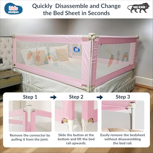 Image of Kids Station 1 Side Basic Bed Rail Guard (5.3ft x 2.6ft / 150x80cm), Bed Railing for Baby Safety, Kids Toddler Bed Protector Side Walls, Adjustable Height, Portable & Foldable (Pink)
