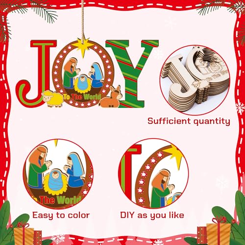 BeYumi Christmas Joy Wooden Crafts - 20Pcs DIY Wooden Joy to THE World Ornaments Craft Kit for Kids Make Your Own Nativity Decor Christian Religious Xmas Craft with Gem Sticker Church Party Supplies - image 3