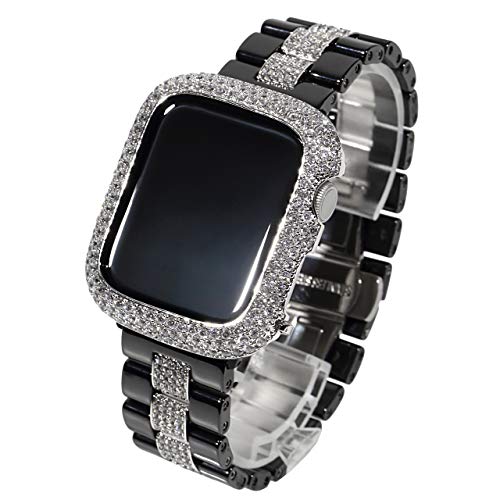[Kronic]アップルウォッチ ６/ＳＥ/５/４ ベゼル＆セラミックベルトセット【44mm】 CZダイヤ（キュービックジルコニア）ブラックxシルバー２ＴＯＮＥ 高級ベルト