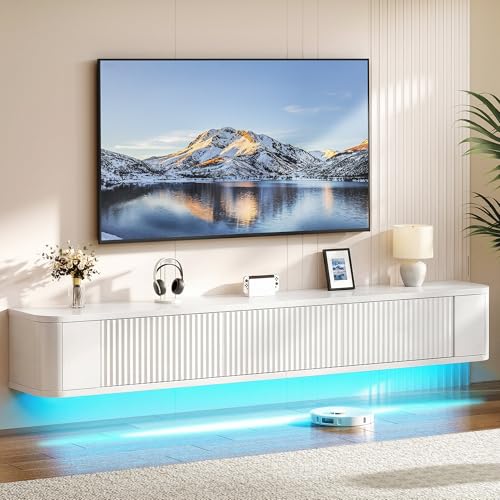 YITAHOME Meuble TV Flottant de 180 cm, étagères murales avec lumière LED RVB, Console multimédia TV Blanche Brillante, Grand Espace de Rangement pour Salon...
