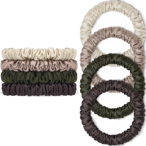Scrunchies Hair Ties Silk Satin Scrunchy WantGor Women 4PC Pure Mulberry Silk Skinny Elastic Scrunchies Hair Bands Bracelets Ponytail Holders Hair Accessories (Beige Champagne Coffee Grey-green)