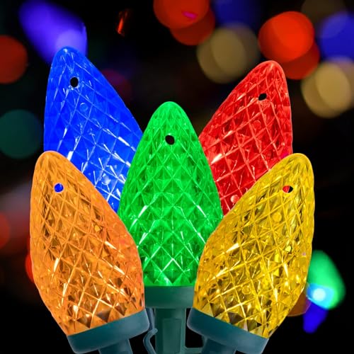 C9 Christmas String Lights, 66ft Multicolor Faceted Christmas Lights on Green Wire, Large Bulb Strawberry String Lights for House Roof Roofline Christams