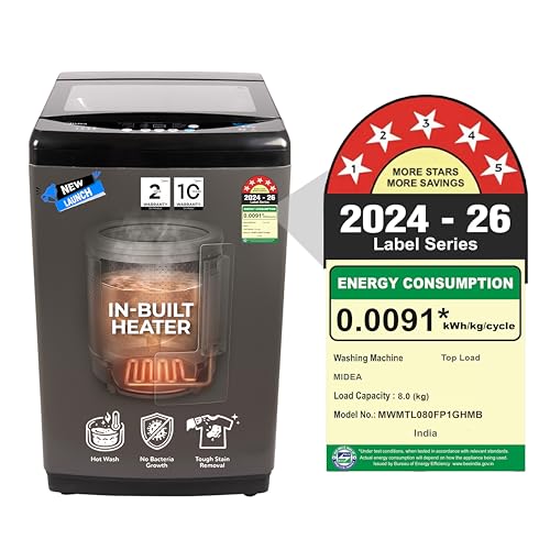 Image of Midea 8 Kg 5 Star Fully Automatic Top Load Washing Machine, In-Built Heater, 10 Wash Programs, Intelligent Sensors, Soft Close Glass Lid (MWMTL080FP1GHMB, Black)