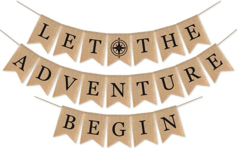 SWYOUN Cartel de arpillera con texto en inglés «Let the Adventure Begin», suministros para fiestas temáticas de viaje, baby shower, graduación,