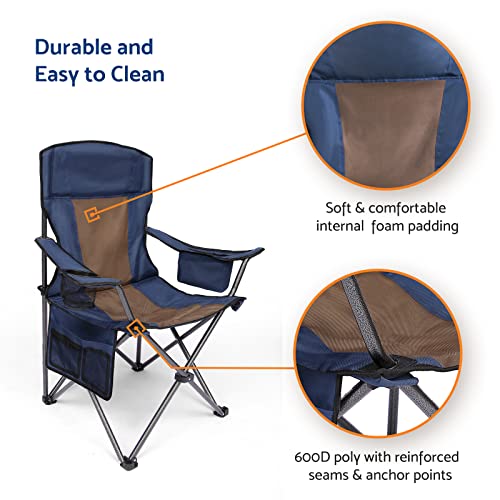 Coastrail Outdoor Padded Folding Camping Chair Quad Arm Lawn With Large Cup Holders, Side & Back Pocket For Camp, Outdoor, Indoor, Fishing, Supports 350Lbs, Blue And Brown, 25In X 21.6In 43" #TOP4