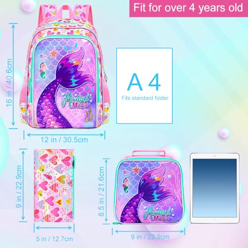 Image of 3Pcs Mermaid Backpack for Girls, 16 inch Kids Bookbag Set with Lunch Box，School Backpacks for Elementary Preschool Kindergarten (Pink)