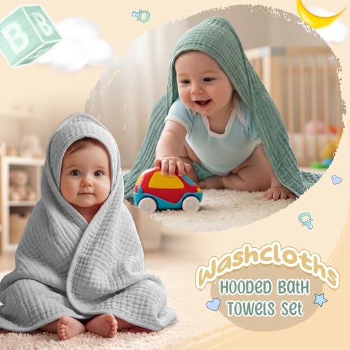 Image of Breling 12 Pcs Muslin Hooded Baby Bath Towel, Hand Towels and Washcloth Set, 36 inchx 36 inch Cotton Newborn Bath Towel Cotton Absorbent Blanket Unisex Newborn Gift Essentials for Girl Boy (Blue Series)