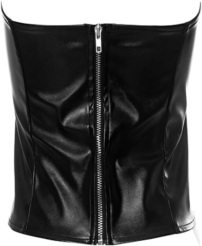 Women PU Leather Strapless Tube Top Ruched Cut Slim Sleeveless Ripped Bandeau Cropped Camisole Corset Shirts Zip Up Back Y2K