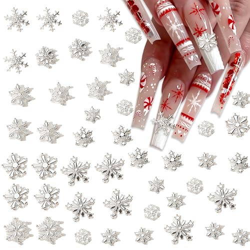 70 Pcs Silver Snowflake Nail Art Charms Christmas Nail Rhinestones for Nails Art 3D Alloy Luxury Bling Snowflake Nail Gems Winter Xmas Nail Jewelry for Women DIY Xmas Manicure Decoration Accessories