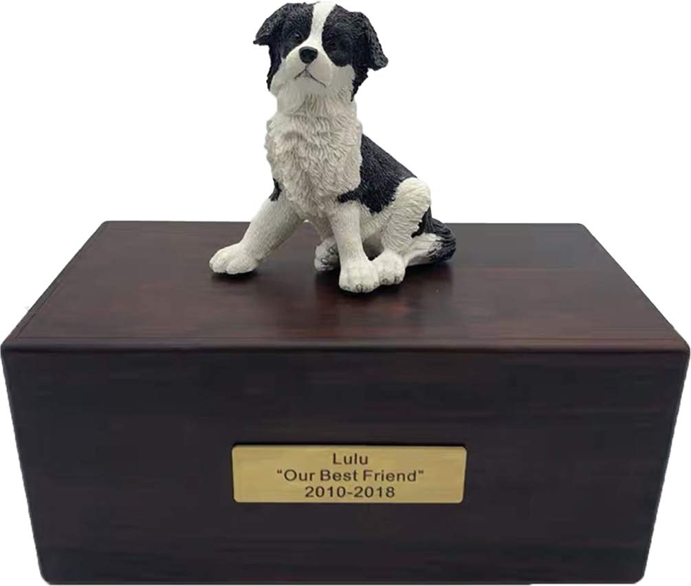 Personalized Rosewood Custom Pet Ashes Urn with Statue Customisable Engraved Nameplate for Dog and Cat Name and Date Pets Box Cremation Funeral Keepsake Urns for Dogs Cats Memorial (Border Collie)