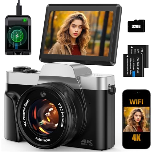 4K Digital Camera for Photography 64MP WiFi Vlogging Camera for YouTube Autofocus 3" 180° Flip Screen 16X Zoom Compact Travel Cameras with Anti-Shake, SD Card, 2 Batteries & Battery Charger