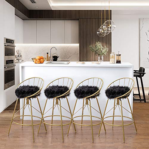 Alunaune 26Inch Swivel Metal Bar Stools Gold Bar Chairs Set Of 2 Black Faux Fur Counter Height Barstools Home Kitchen Counter Stool-Gold #TOP6
