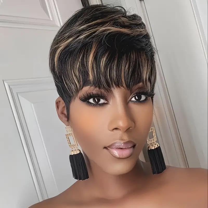 YKHJH Highlight Blonde Pixie Cut Wig Human Hair, Short Pixie Wigs for Black Women Glueless Wig,Straight Human Hair Wigs For Black Women (Highlight