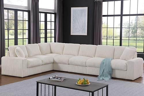 Image of Ball & Cast 146 inch Oversized Modular L-Shaped Sectional Couch,Large Corduroy Upholstered Sofa 8 Seat with Movable Ottoman & 2 Pillows,Comfty Sectionals W /Wide Armrest & Deep Seat,for Living Room,Beige