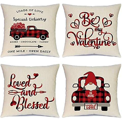 Ueerdand Valentines Day Pillow Covers 18x18 inch Set of 4 Buffalo Plaid Valentines Day Decorations Red Heart Tree and Love Throw Pillows Cases Cover