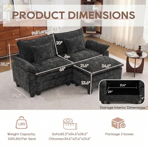 Image of IPKIG 82.3 inch Modular Cloud Couch with Storage, L Shaped Sectional Sofa with Ottoman & Pillow, Chenille Deep Seat Sectional Couches for Living Room, Apartment, Black