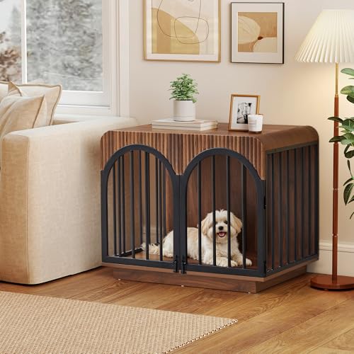 31.5" Fluted Wooden Dog Crate Furniture, Mid-Century Modern Indoor Dog Kennel Dogs Cage for Small/Medium Dogs, Heavy Duty Dog Crates Decorative Pet House for Living Room, Walnut - Image 6