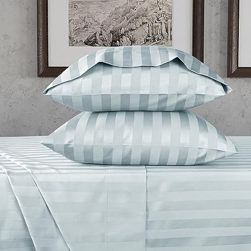 URBANHUT 800 Thread Count Egyptian Cotton Damask Striped Queen Size Sheets Set (4 Pc) - Ultra Soft & Smooth, Sateen Weave Queen Size Sheets, Luxury Hotel Sheets with 16" Deep Pocket - Light Blue