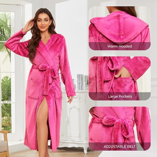 Image of Womens Long Hooded Fleece Robe, Soft Warm Spa Bathrobe for Cozy Lightweight Loungewear