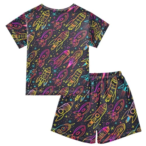 ALAZA Neon Space Starry Pajamas Set Short Sleeve Cotton Sleepwear Summer Pjs 2 Piece 5-14Y2