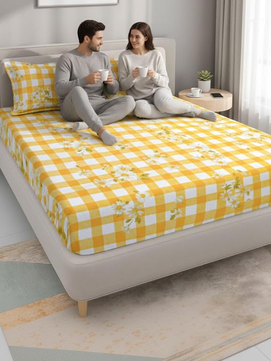 Image of 380 TC Premium Glace Cotton Elastic Fitted Bedsheet King Size with 2 Pillow Covers King Size | Double Bed with All Around Elastic (YellowC, Fitted - 72 inchx78 inch King)