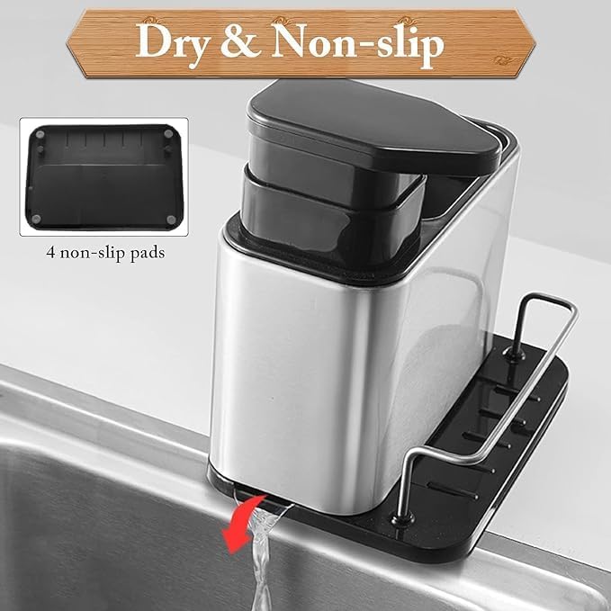 Feinerman Multifunctional 3-in-1 Kitchen Sink Caddy Organizer with Soap Dispenser, Sponge and Brush Holder, Rustproof Stainless Steel Tray Rack for Countertop Storage and Dishwashing Essentials 2