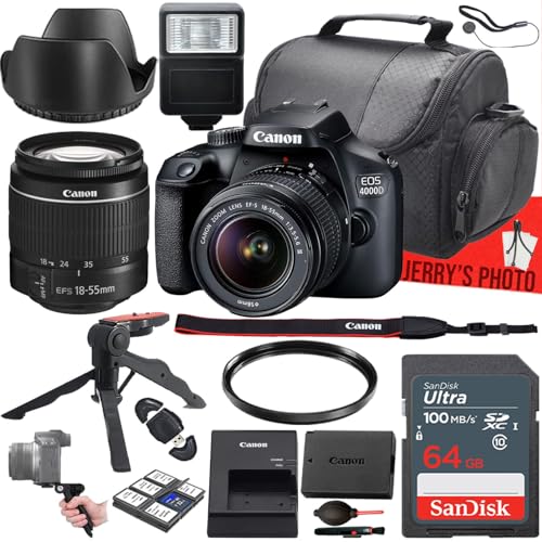 Canon EOS 4000D/Rebel T100 DSLR Camera with Canon EF-S 18-55mm f/3.5-5.6 III Lens + 64 GB Memory + Slave Flash + Camera Case + UV Filter + Gripster Tripod + More (16pc Bundle) (Renewed)