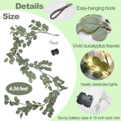 Image of 6.56FT Eucalyptus Garland with Lights 96 LEDs 8 Modes Battery Operated with Timer Faux Twig Vine Lights Spring Greenery Garlands for Mantle Fireplace Wall Table Stairs Wedding Party Bedroom Home Decor