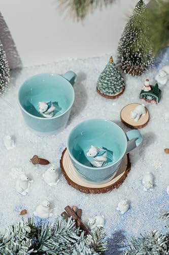Image of DIHOclub Skiing Polar Bear Ceramic Cup Hidden Animal Inside Mug Cute Cartoon Handmade Figurine Mugs,Holiday and Birthday Gift for Coffee Milk Tea Lovers,12 OZ(Blue White)