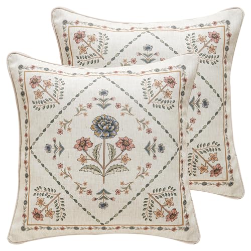ISAENNE Design Square Floral Linen Throw Pillow Covers 18"x18" Pack